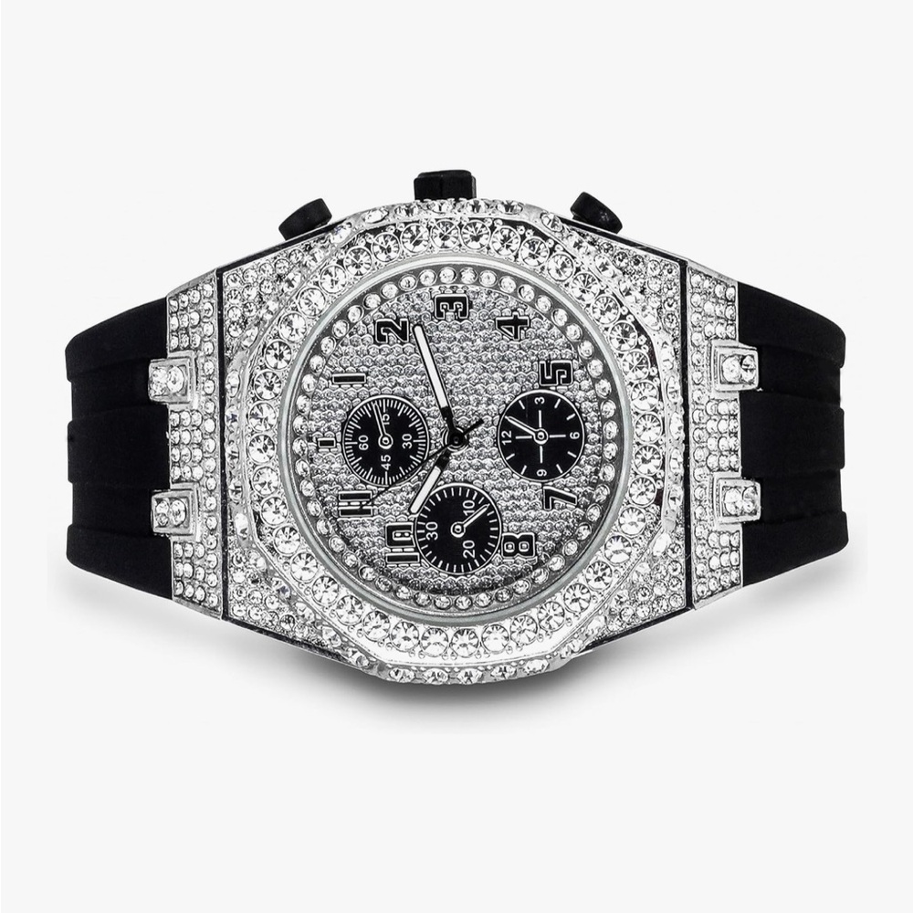 Bust Down Iced Out Hip Hop Watch Black Silicone Strap VVS Diamond Shine Bling
